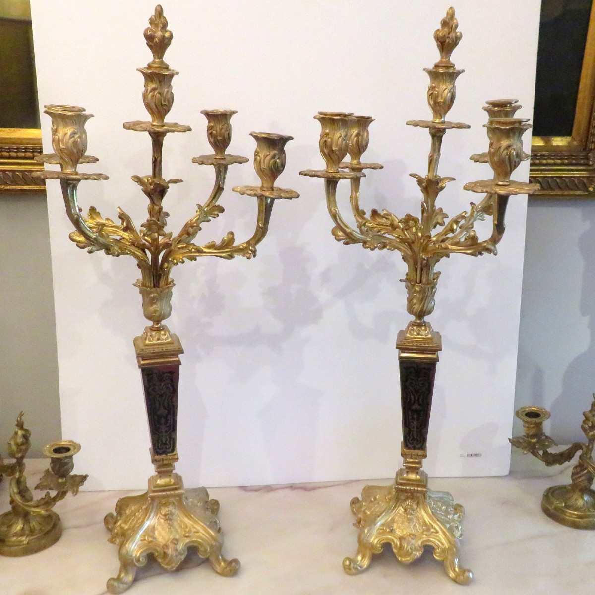 Paire de Candelabre en marqueterie Boulle Noir et Bronze époque Napoléon III 70cm