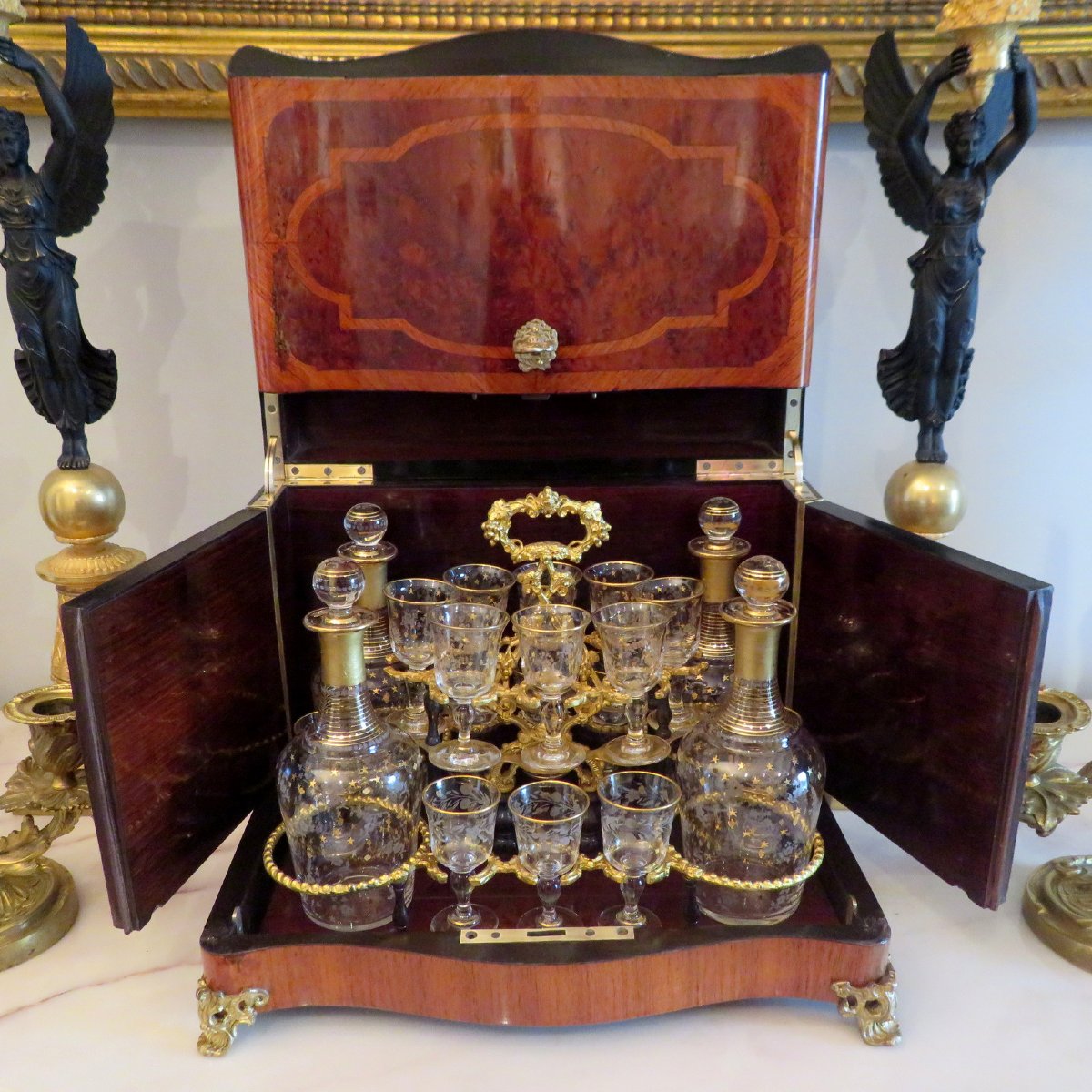Cave à liqueur marqueterie de Bois de Rose Bronze époque Napoléon III-photo-4