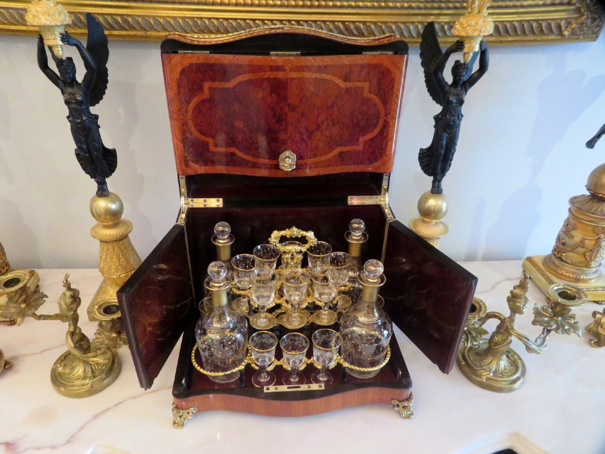 Cave à liqueur marqueterie de Bois de Rose Bronze époque Napoléon III-photo-8