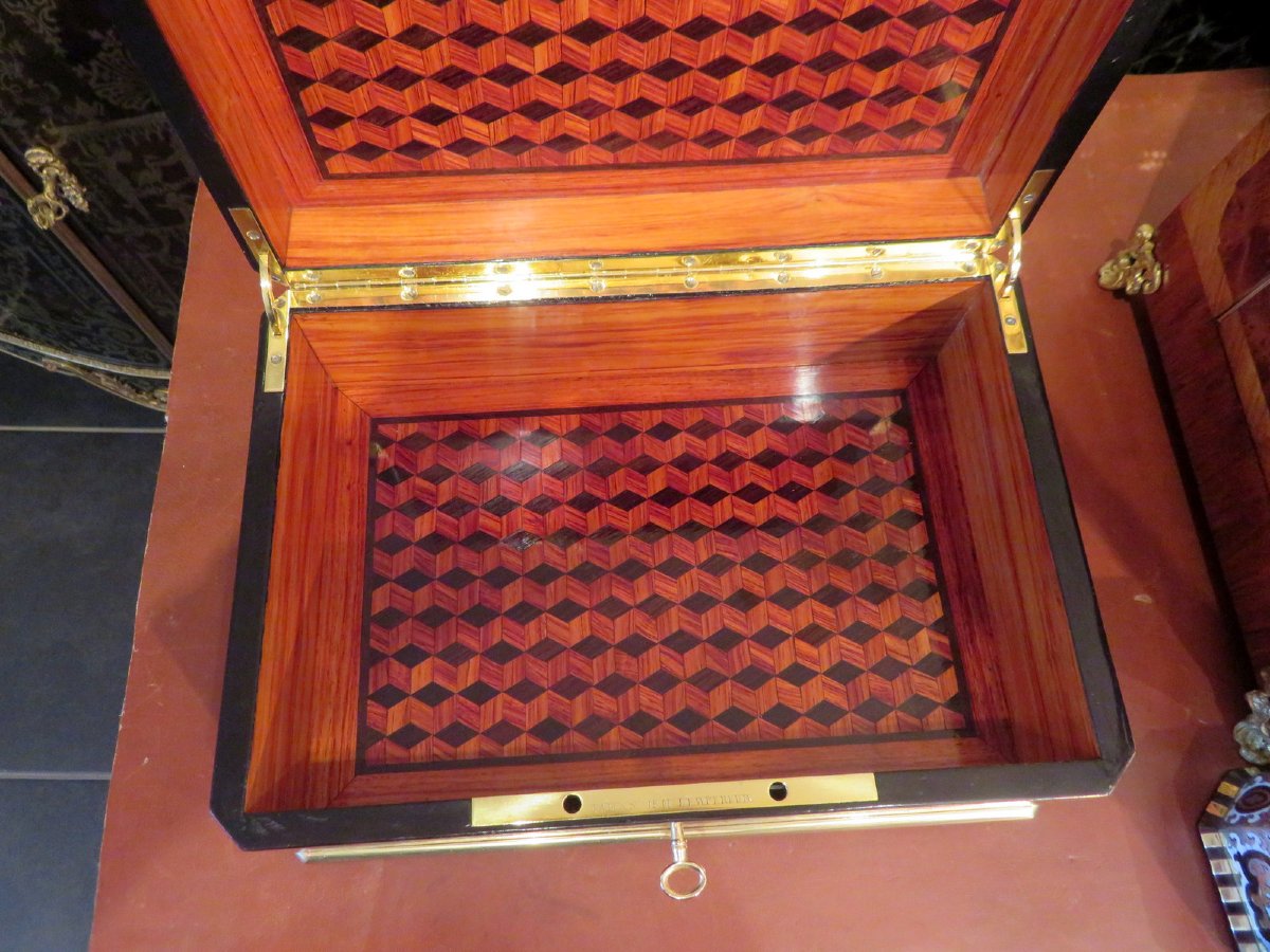 signée TAHAN Boite à bijoux marqueterie Boulle toutes faces d’époque Napoléon III-photo-2