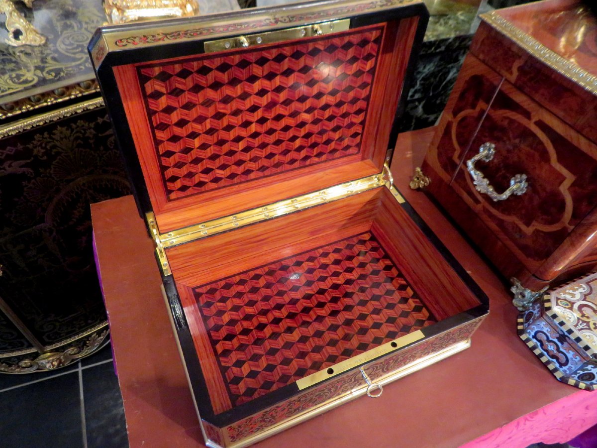 signée TAHAN Boite à bijoux marqueterie Boulle toutes faces d’époque Napoléon III-photo-4