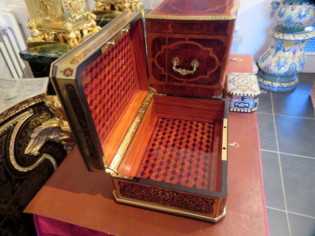 signée TAHAN Boite à bijoux marqueterie Boulle toutes faces d’époque Napoléon III-photo-7