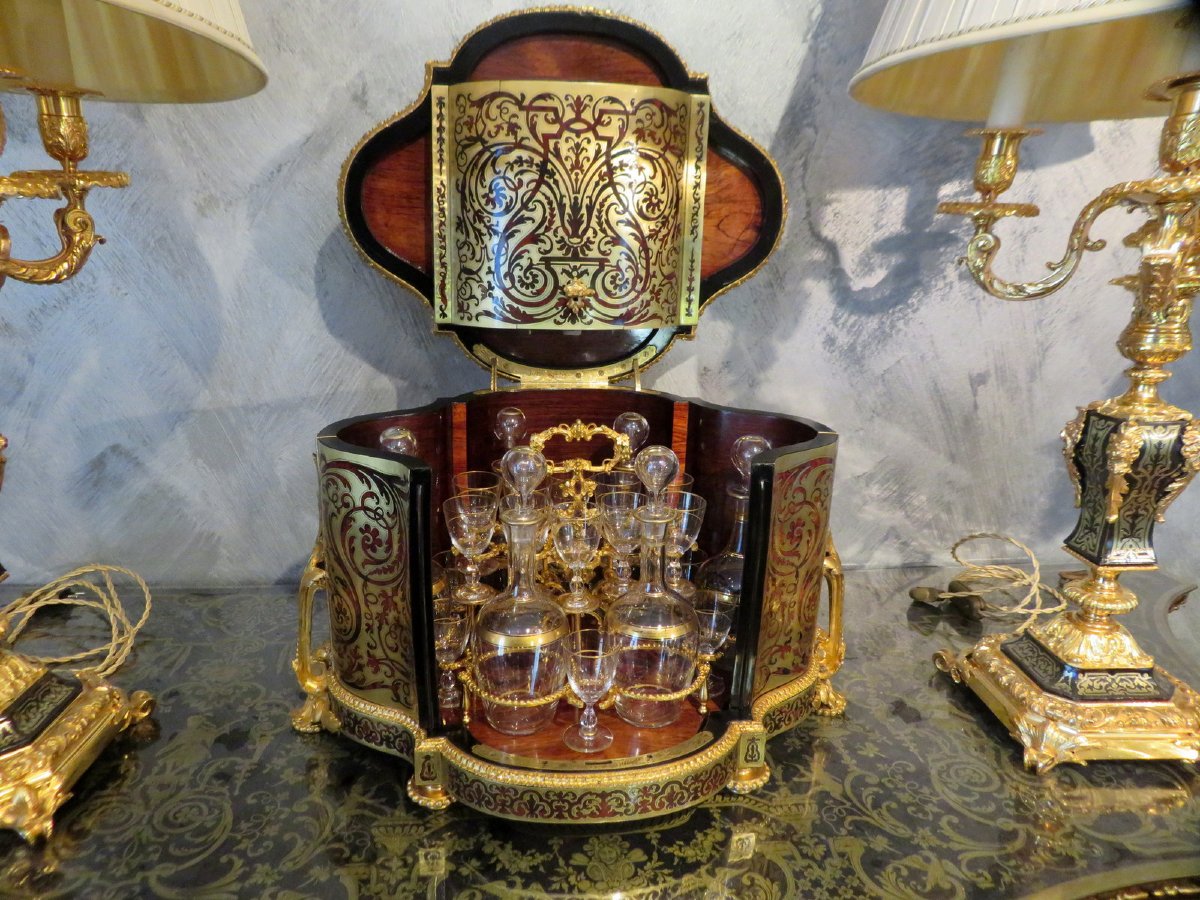 Incroyable Cave à liqueur à 6 carafes marqueterie Boulle toutes ses faces époque Napoléon III-photo-2