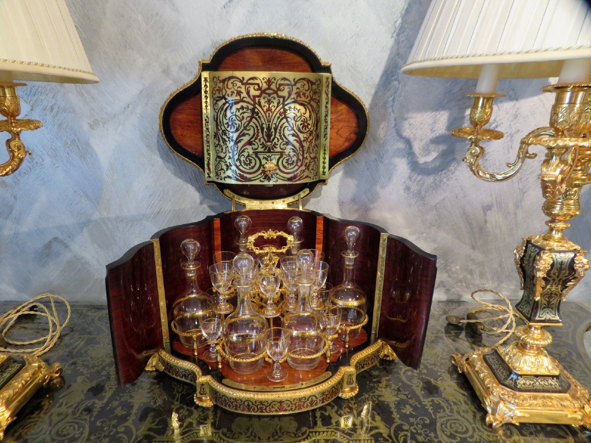 Incroyable Cave à liqueur à 6 carafes marqueterie Boulle toutes ses faces époque Napoléon III-photo-4