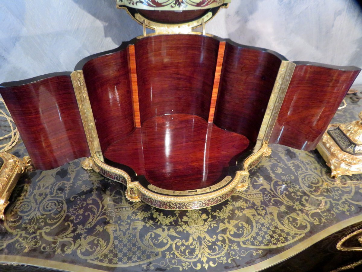Incroyable Cave à liqueur à 6 carafes marqueterie Boulle toutes ses faces époque Napoléon III-photo-2