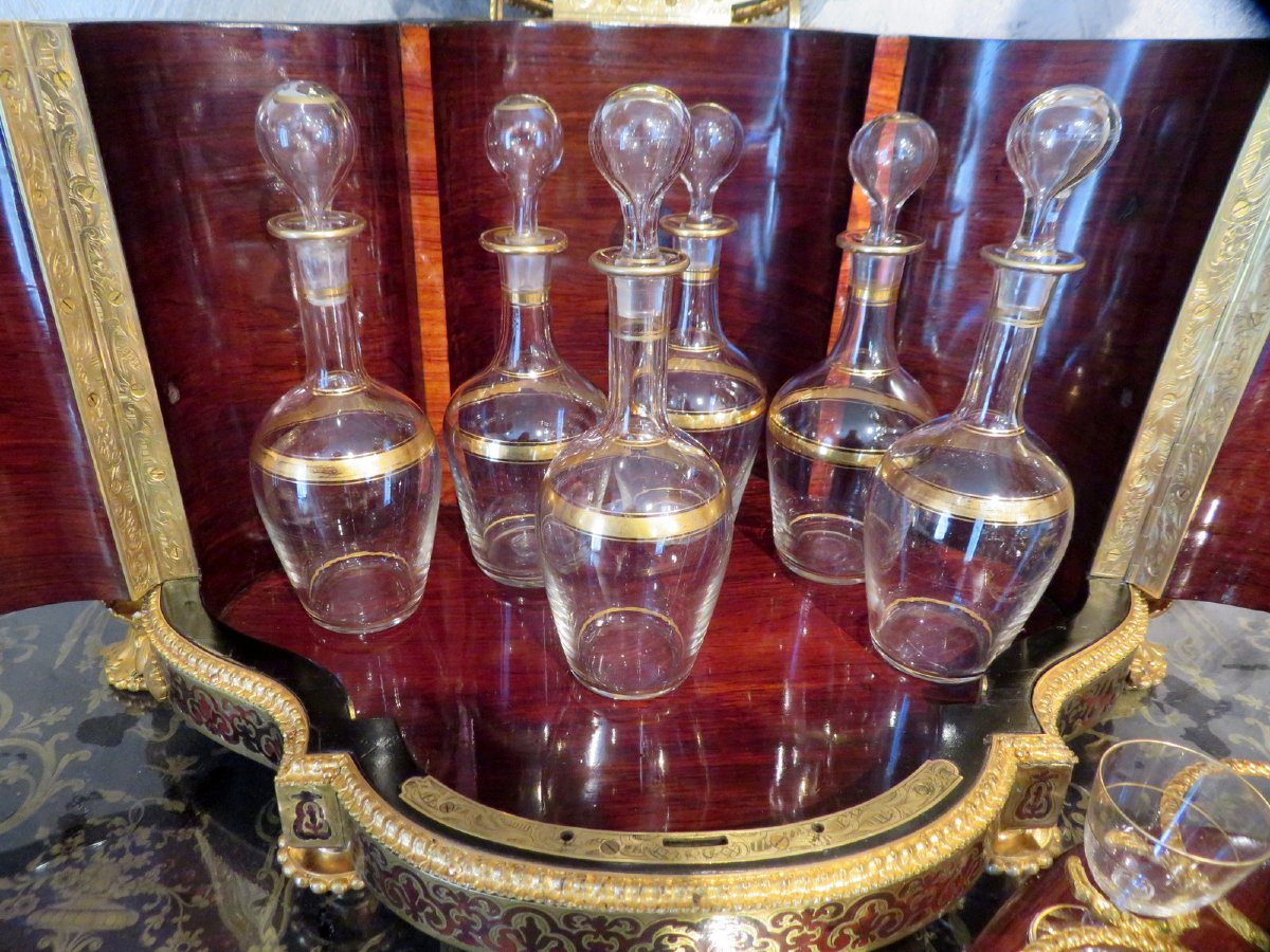 Incroyable Cave à liqueur à 6 carafes marqueterie Boulle toutes ses faces époque Napoléon III-photo-3