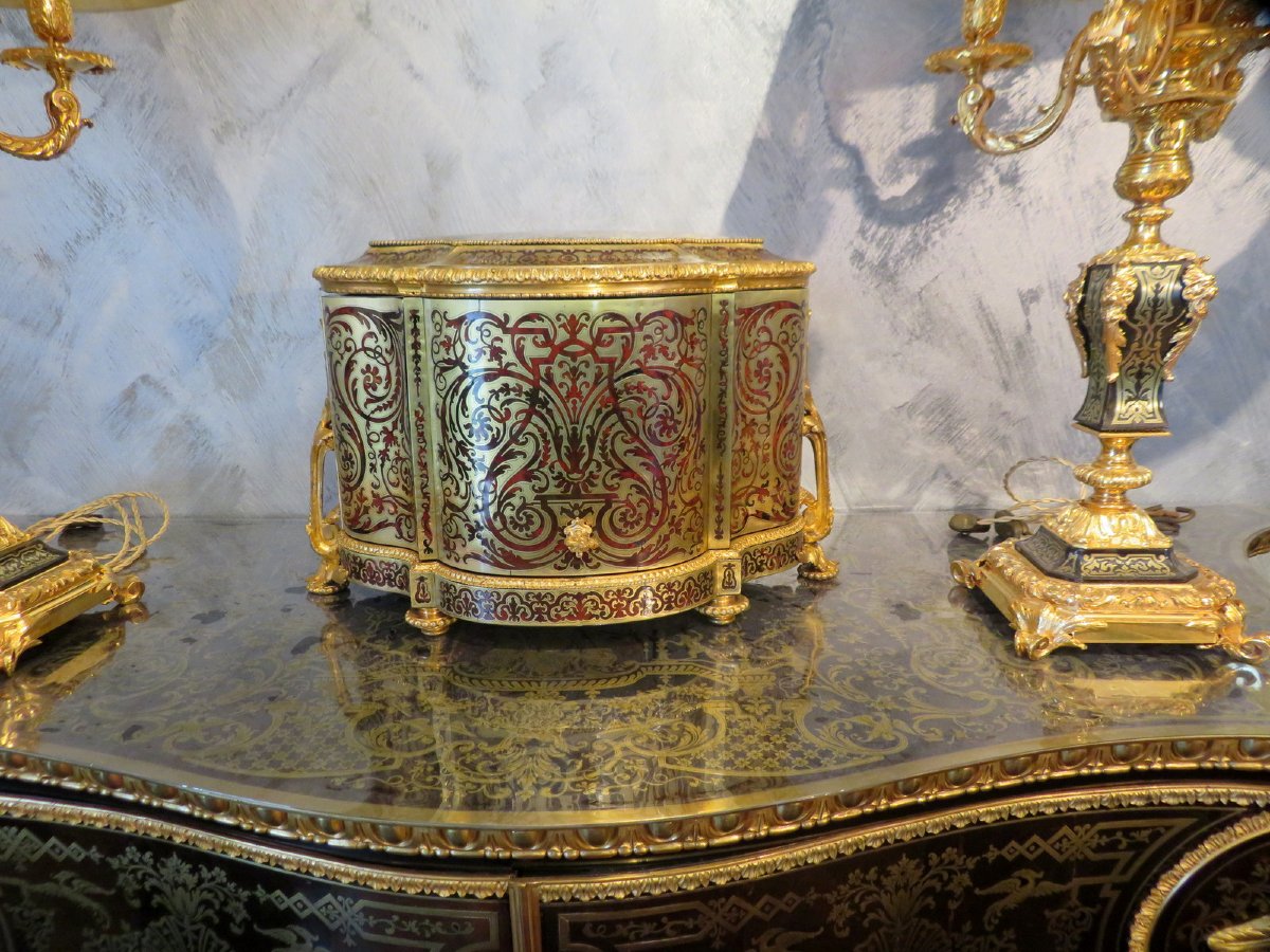 Incroyable Cave à liqueur à 6 carafes marqueterie Boulle toutes ses faces époque Napoléon III-photo-8