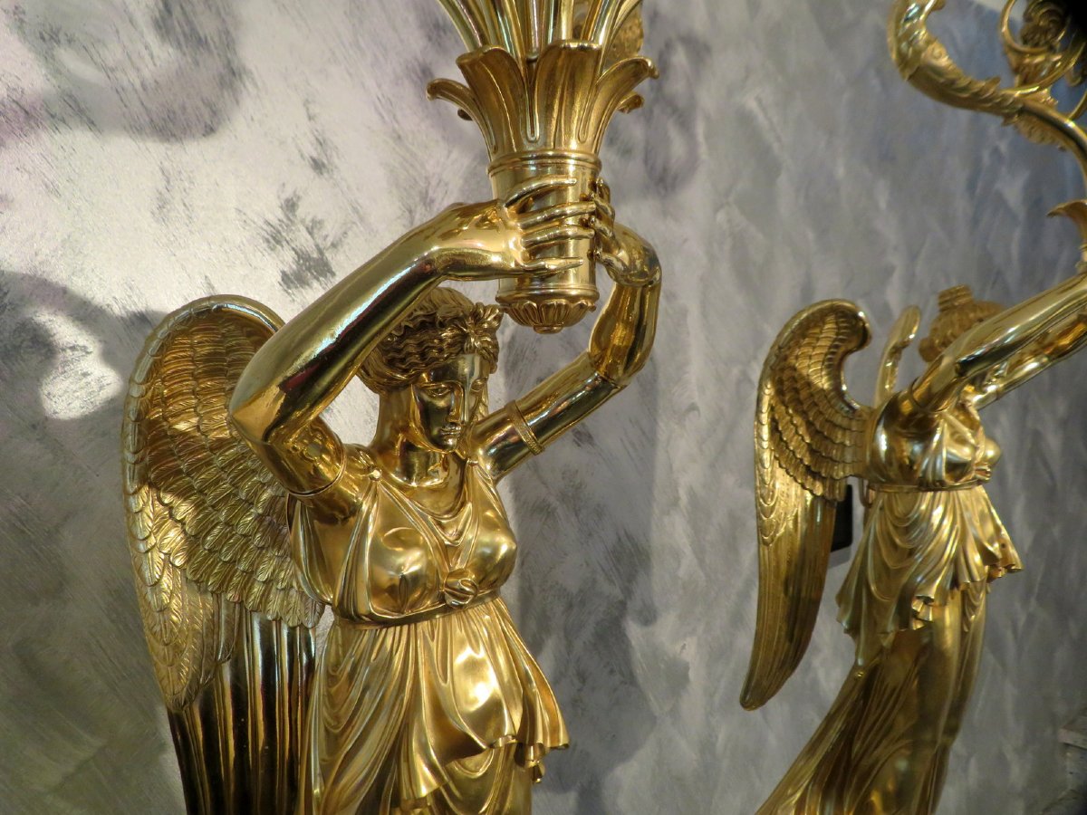 signés RABIAT Paire de Candelabres en Bronze doré sur Gaine époque Empire 2.15 m-photo-2