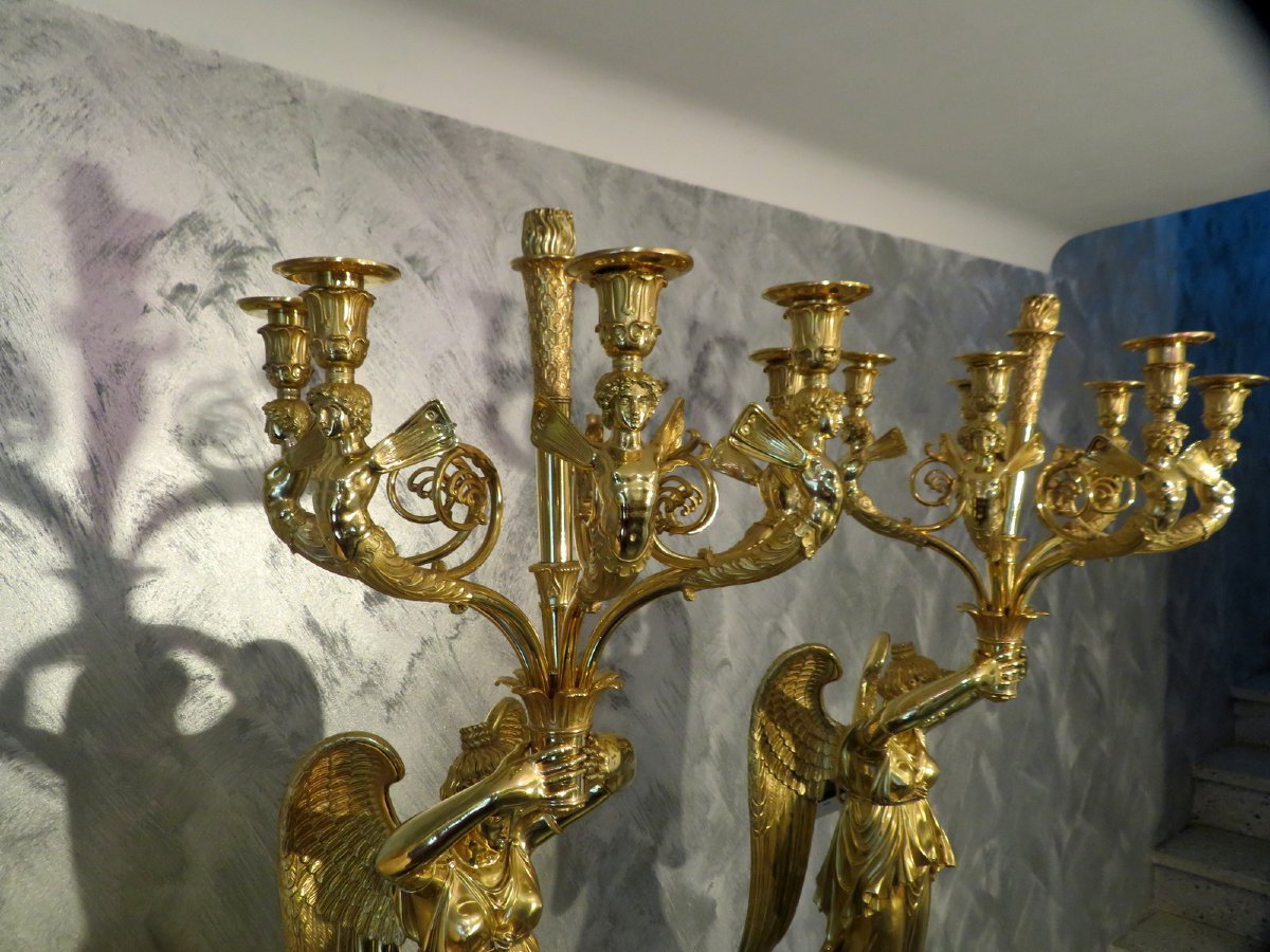 signés RABIAT Paire de Candelabres en Bronze doré sur Gaine époque Empire 2.15 m-photo-1