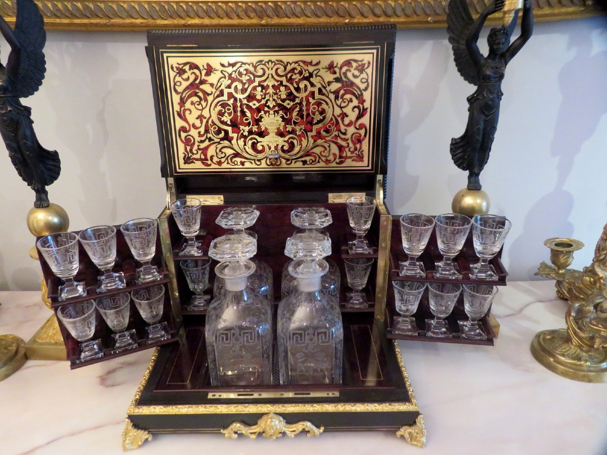 Cave à liqueur marqueterie Boulle et  Bronze époque Napoléon III compléte-photo-4