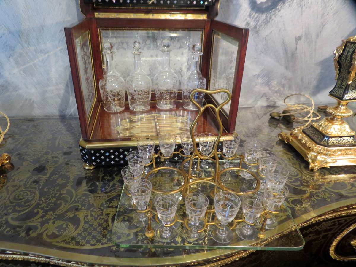 Stamped Grade Tantalus Box Liqueur Cellar In Marquetry à La Reine Napoleon III Period-photo-3