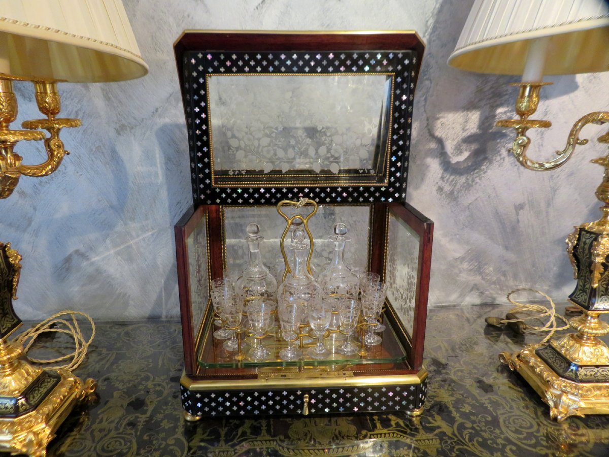 Stamped Grade Tantalus Box Liqueur Cellar In Marquetry à La Reine Napoleon III Period-photo-4