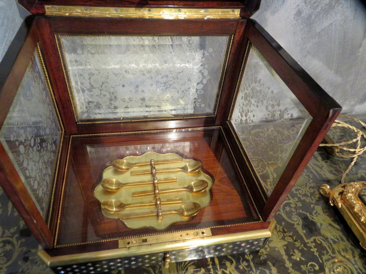 Stamped Grade Tantalus Box Liqueur Cellar In Marquetry à La Reine Napoleon III Period-photo-4