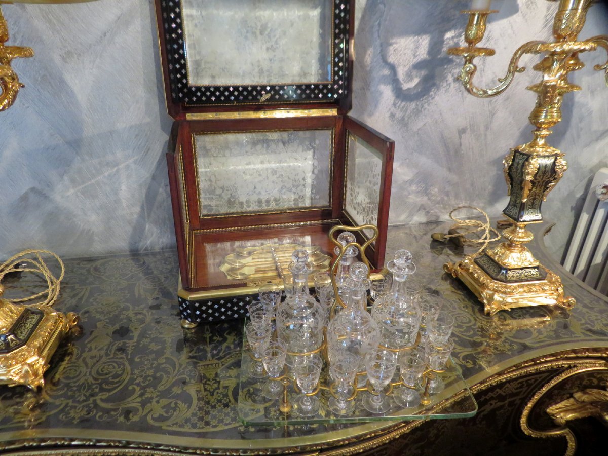 Stamped Grade Tantalus Box Liqueur Cellar In Marquetry à La Reine Napoleon III Period-photo-5