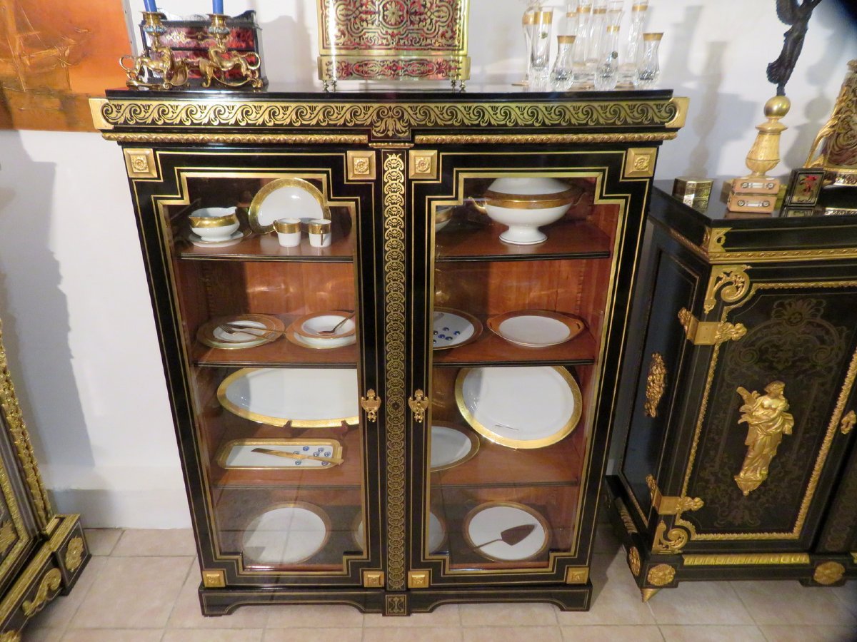 estampillée GROS haute Vitrine 2 portes  Louis XIV en marqueterie Boulle époque XIXeme-photo-7