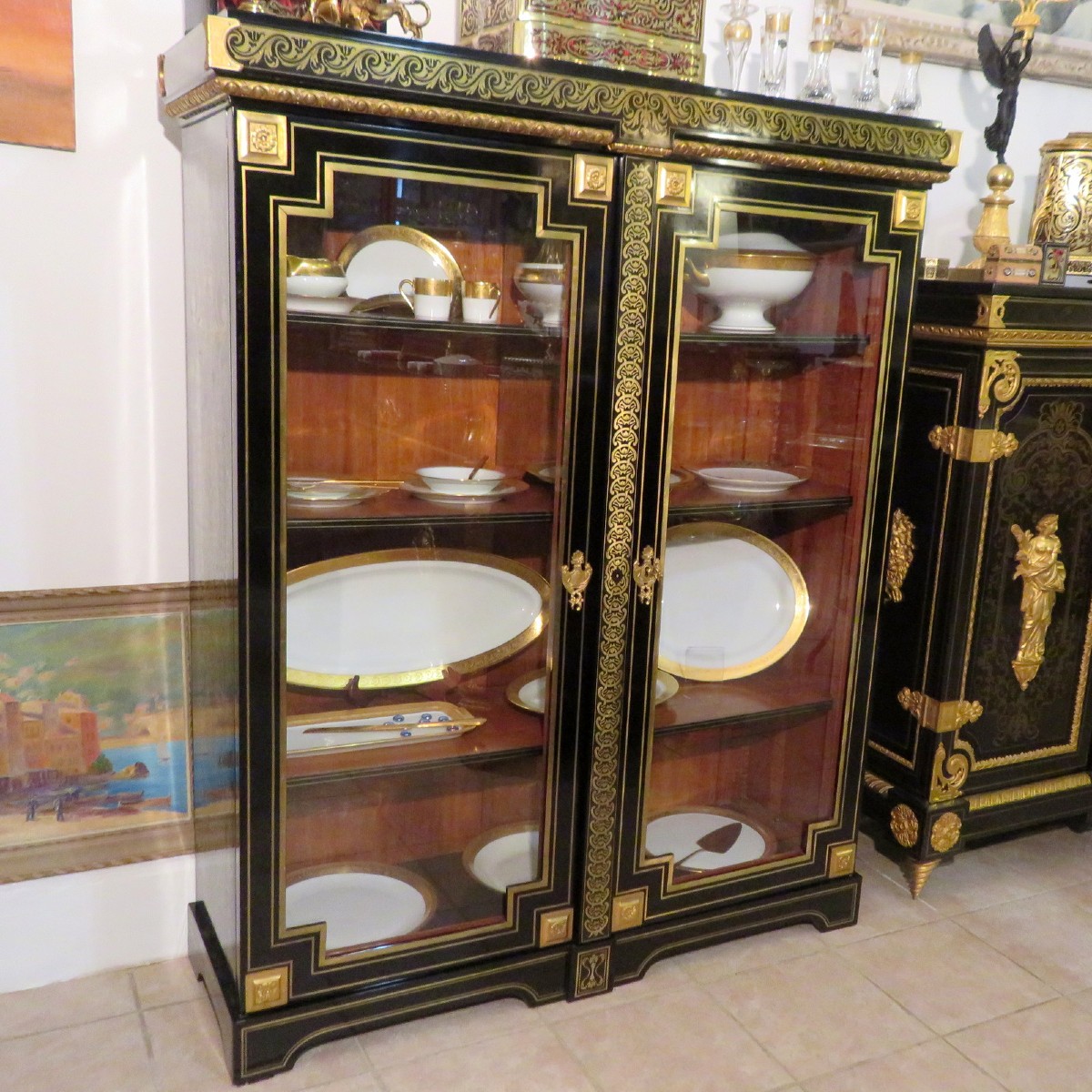estampillée GROS haute Vitrine 2 portes  Louis XIV en marqueterie Boulle époque XIXeme