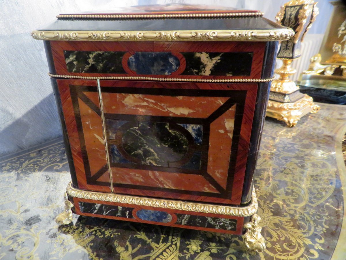 estampillée AUCOC Cave à liqueur en marqueterie de Marbre d’époque Napoléon III complète-photo-2