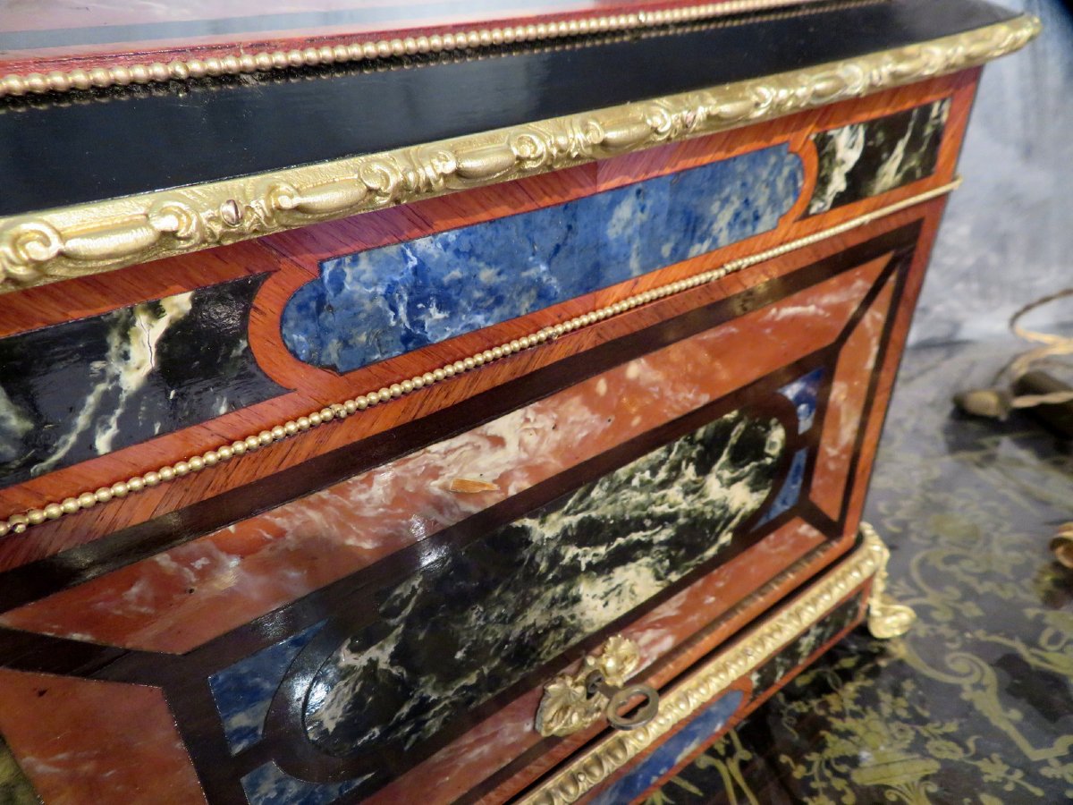 estampillée AUCOC Cave à liqueur en marqueterie de Marbre d’époque Napoléon III complète-photo-4