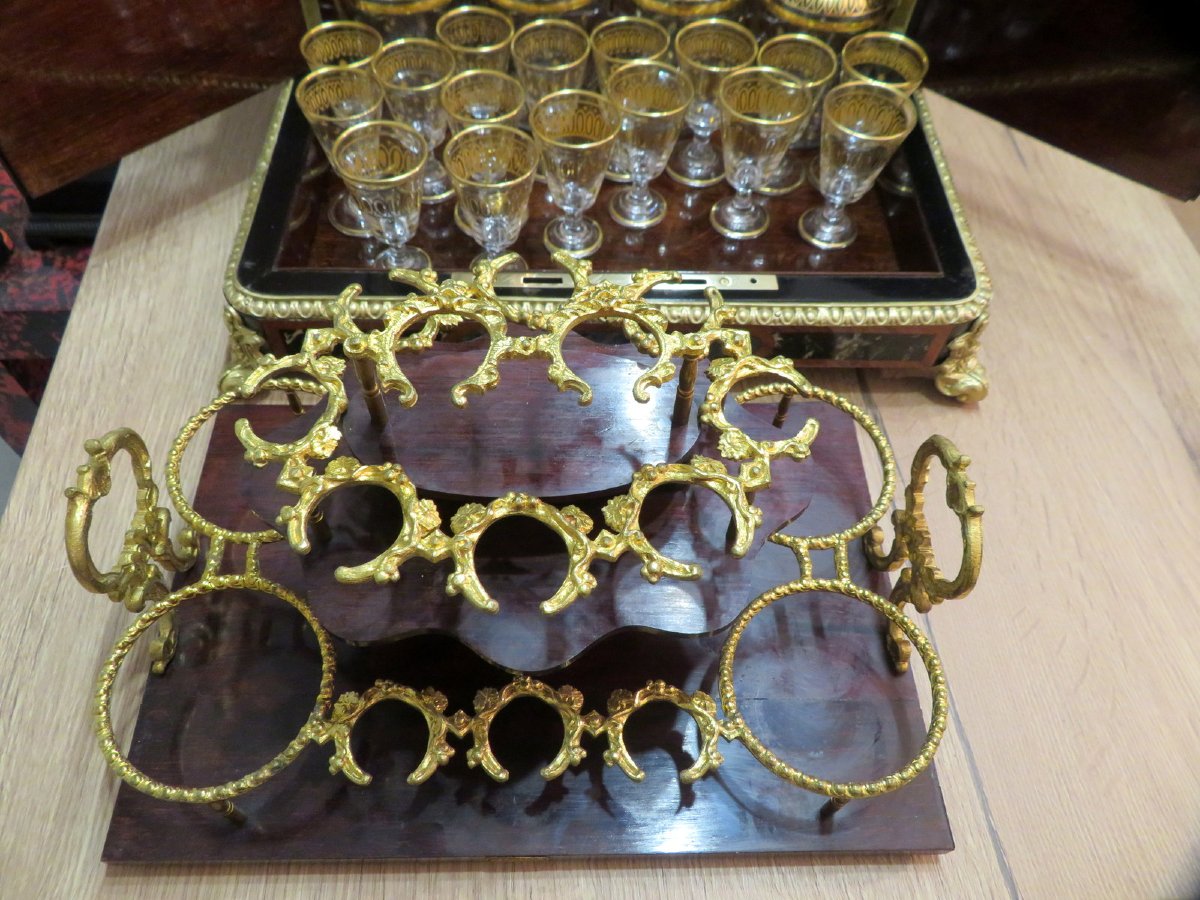 estampillée AUCOC Cave à liqueur en marqueterie de Marbre d’époque Napoléon III complète-photo-7