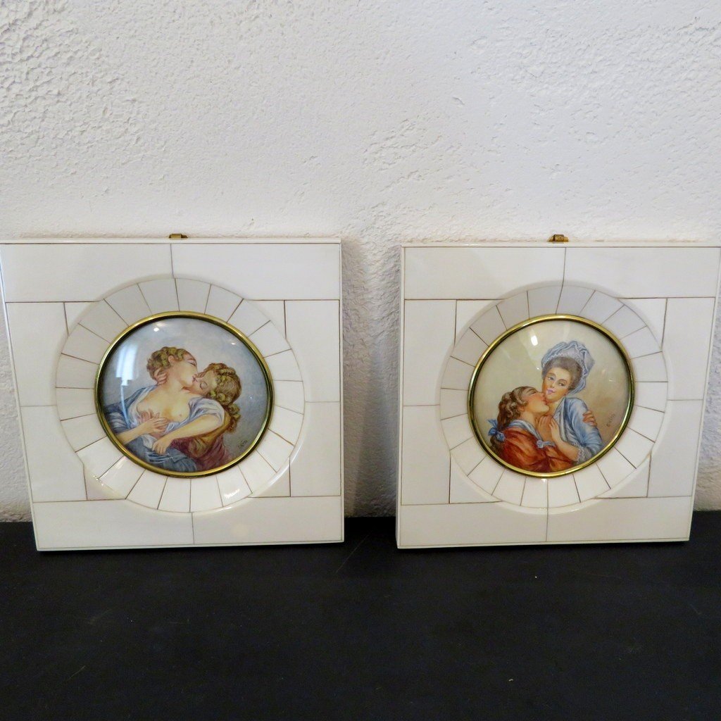 1 Pair Of Erotica Miniatures With Ivory Frame From Napoleon III Period-photo-5