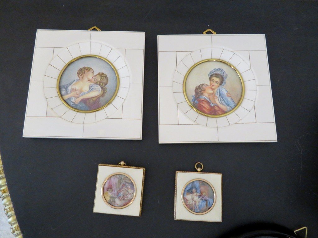 1 Pair Of Erotica Miniatures With Ivory Frame From Napoleon III Period