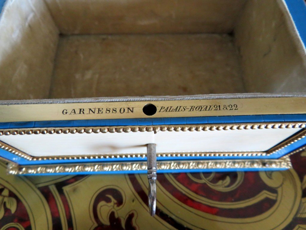 Stamped Garnesson Jewelry Box In Boulle Turquoise Marquetry Napoleon III Period-photo-3