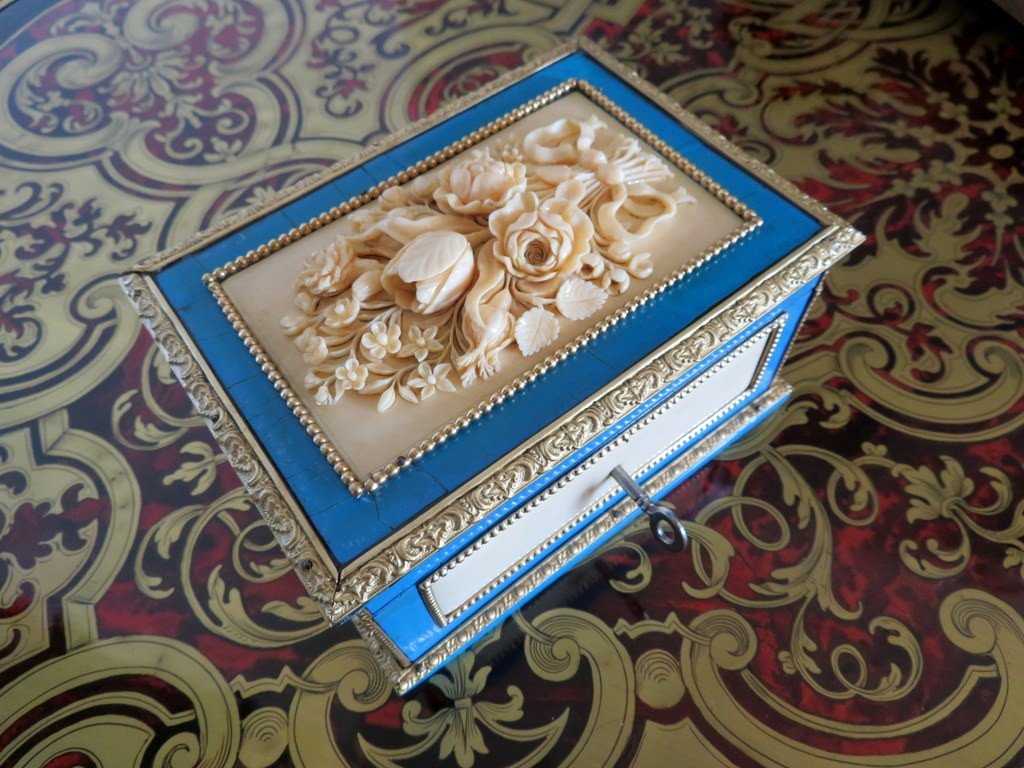 Stamped Garnesson Jewelry Box In Boulle Turquoise Marquetry Napoleon III Period-photo-1