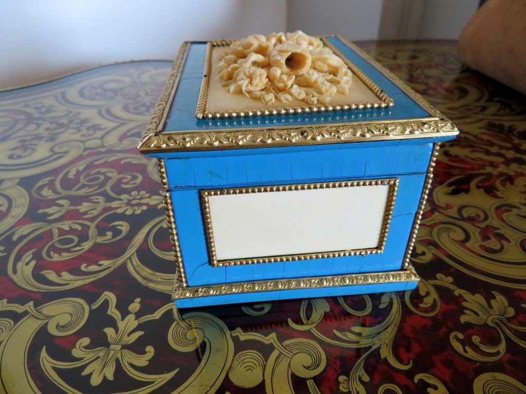 Stamped Garnesson Jewelry Box In Boulle Turquoise Marquetry Napoleon III Period-photo-2