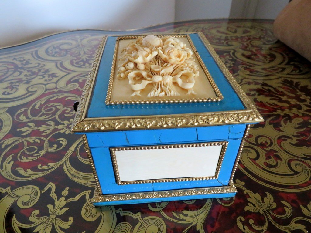 Stamped Garnesson Jewelry Box In Boulle Turquoise Marquetry Napoleon III Period-photo-4