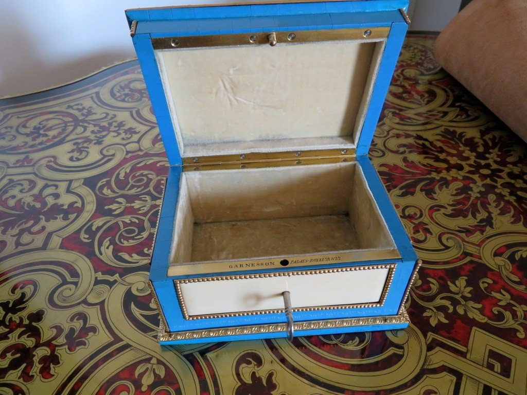 Stamped Garnesson Jewelry Box In Boulle Turquoise Marquetry Napoleon III Period-photo-7