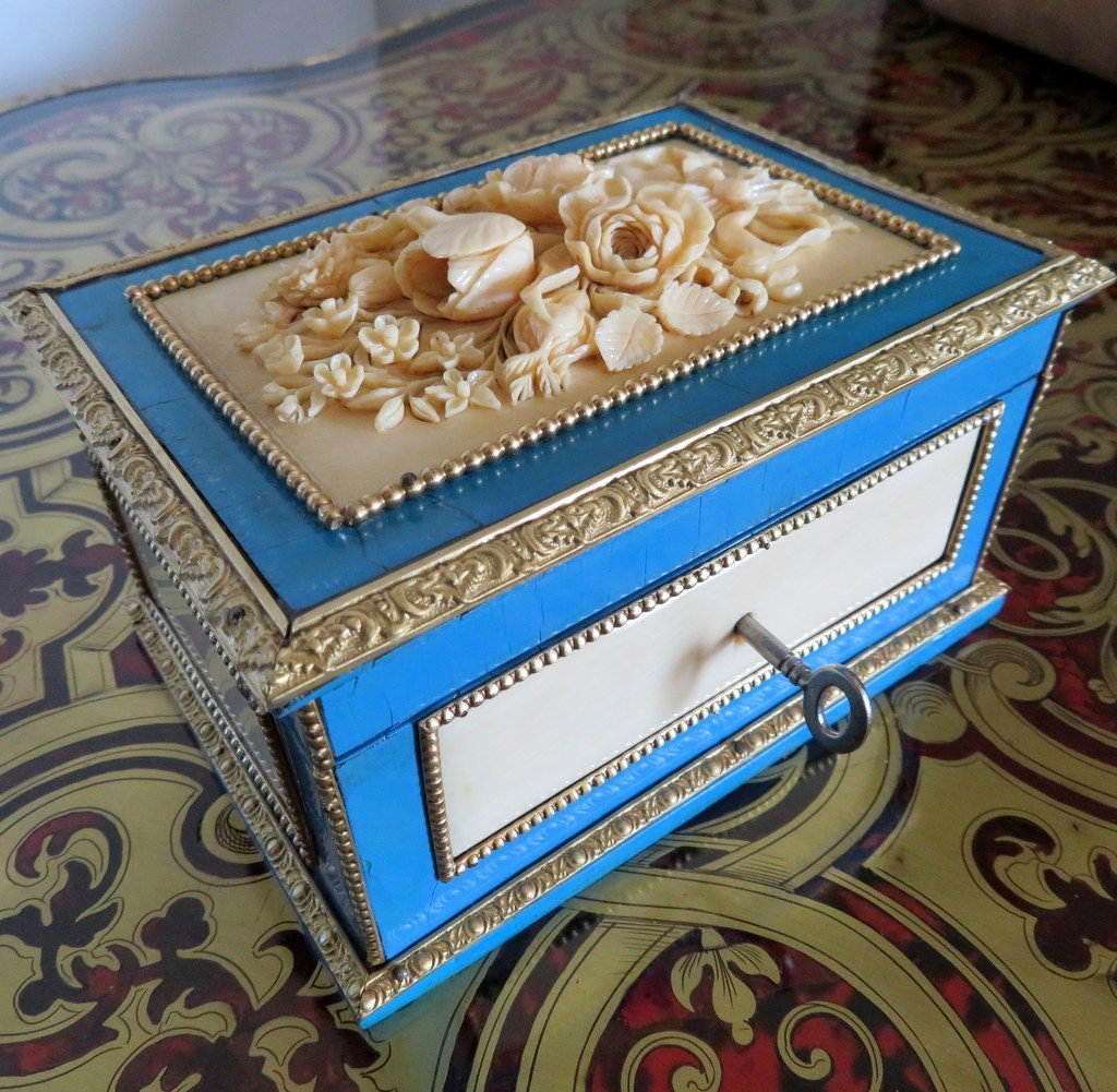 Stamped Garnesson Jewelry Box In Boulle Turquoise Marquetry Napoleon III Period
