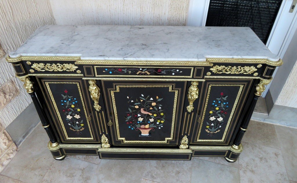 Credenza  In Hard Stone Marquetry Pietra Dura 19th Bronze Signed S. Cochard-photo-2