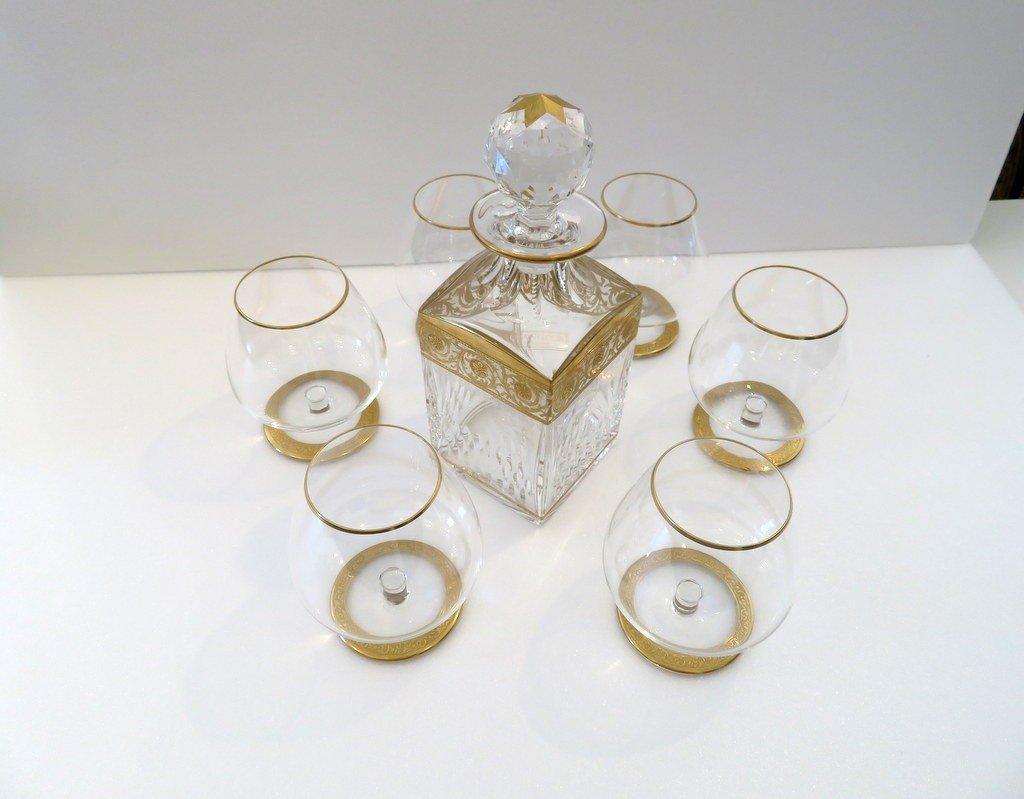 Saint Louis Thistle Gold Crystal Cognac Set Signed-photo-1
