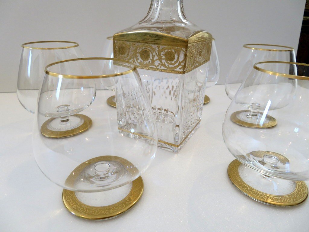 Saint Louis Thistle Gold Crystal Cognac Set Signed-photo-2