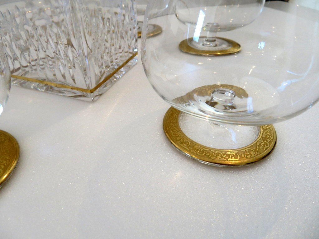 Saint Louis Thistle Gold Crystal Cognac Set Signed-photo-3