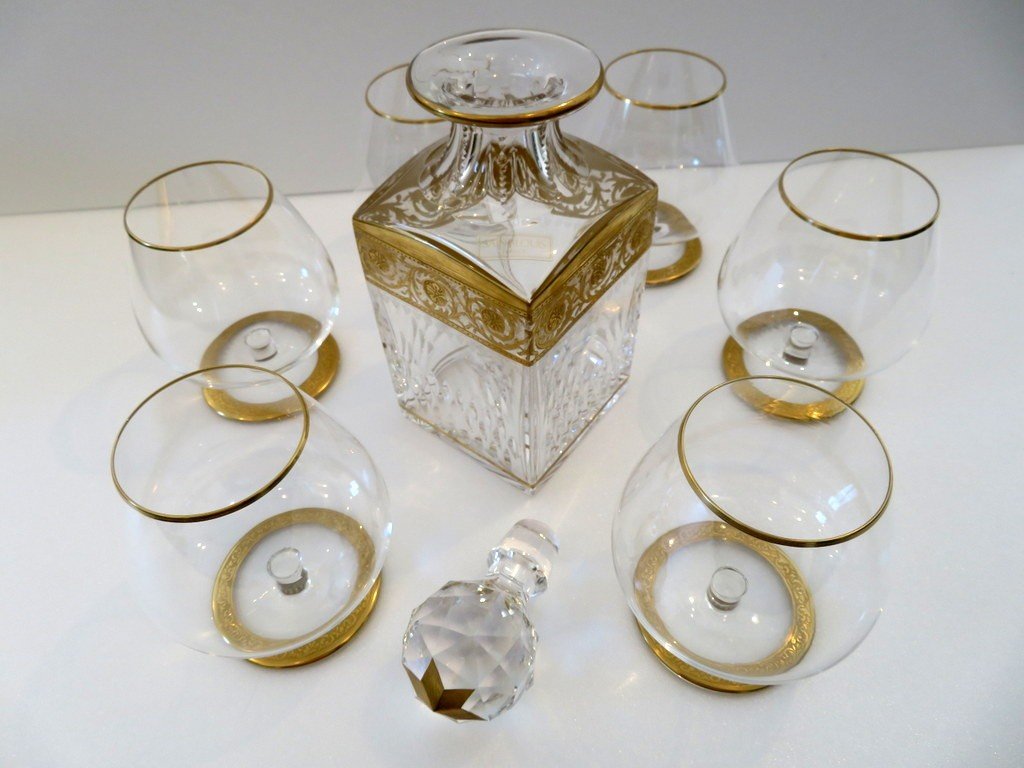 Saint Louis Thistle Gold Crystal Cognac Set Signed-photo-7