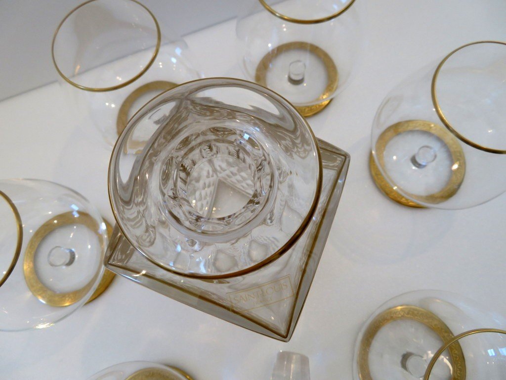 Saint Louis Thistle Gold Crystal Cognac Set Signed-photo-8