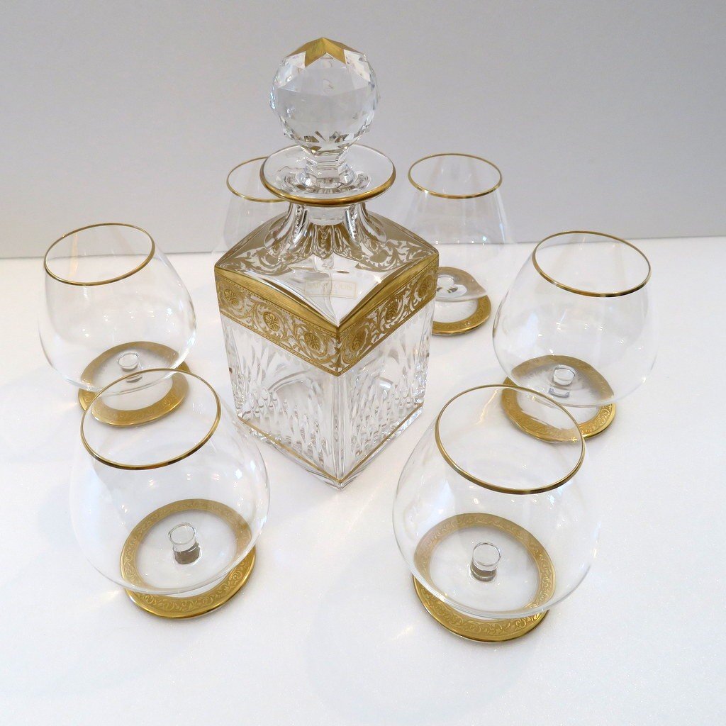 Saint Louis Thistle Gold Crystal Cognac Set Signed