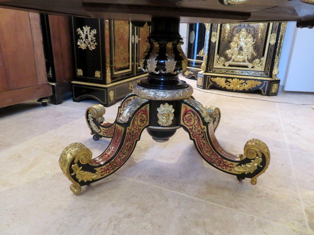  Important Guéridon à Pied Central En Marqueterie Boulle époque Napoléon III-photo-3