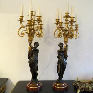 Paire De Candélabres Avec Porteuses d'Eau En Bronze époque Napoléon III 93cm électrifiés