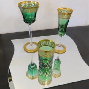 Set Of 3 Glasses Green Color Saint Louis Thistle Gold Crystal