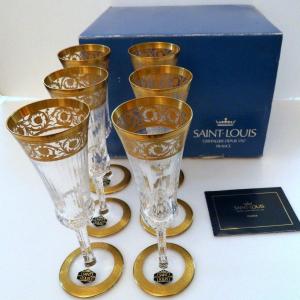 New Box Set Of 6 Champagne Glasses In Crystal St - Louis Thistle Gold