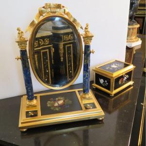 Miroir Spyché En Bronze Et Marqueterie De Pierre Dure 19éme