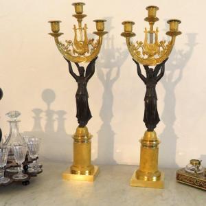 Pair Of Candelabra Golden Bronze Empire Victory In Bronze, Empire Period, 60cm