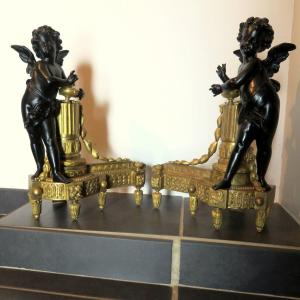 Paire De Chenet En Bronze époque XIXe Avec Angelot Cherubin