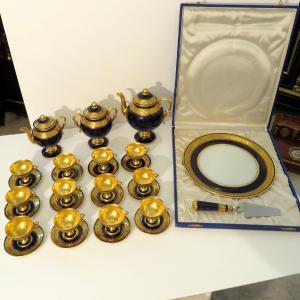 Empire Style Limoges Porcelain Coffee/tea Service In Bleu De Four And Gold