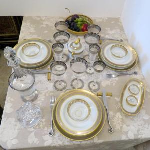 Service de Table Limoges  HAVILAND Vulcain SainT LOUIS Cristal Thistle Or et Platine signé