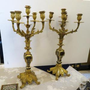 Pair Of Candelabra In Black Boulle Marquetry And Bronze, Napoleon III Period, 70cm