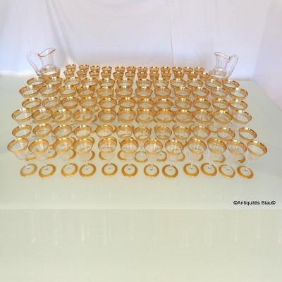 St Louis Thistle Gold Crystal Service 96 Glasses, 2 Brocs