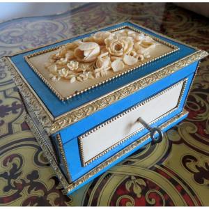 Stamped Garnesson Jewelry Box In Boulle Turquoise Marquetry Napoleon III Period